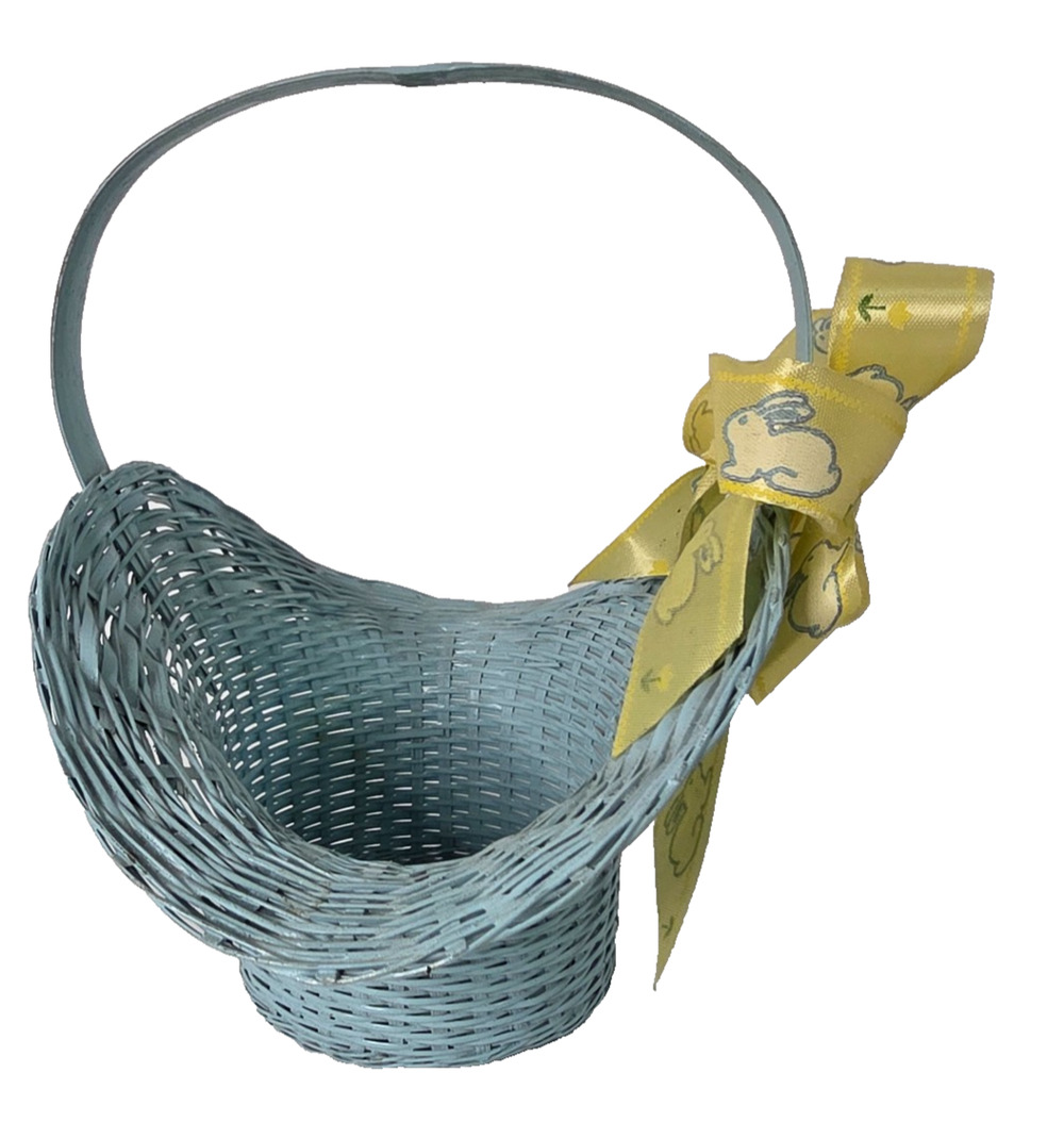 Blue Wicker Easter Bonnet Basket Bunny Ribbon Cottagecore Spring Decor 7"